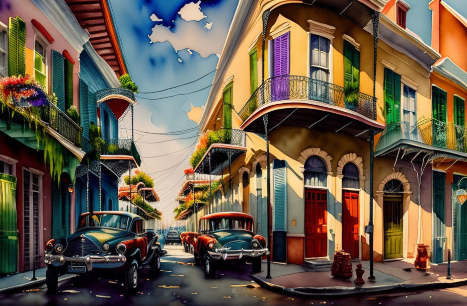 Vibrant traditional buildings and vintage cars on colorful street