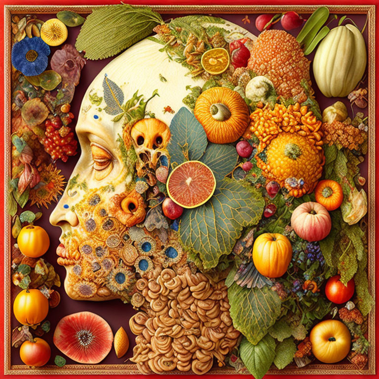 Colorful Fruit, Vegetable, Flower, and Nut Face Profile Mosaic