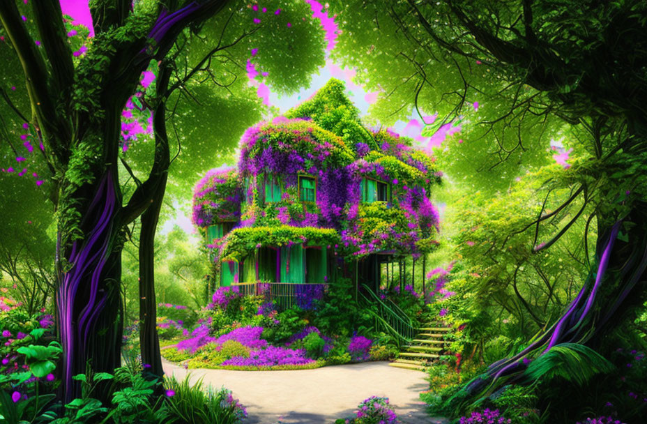 Charming two-story house surrounded by purple flowers in a lush green forest