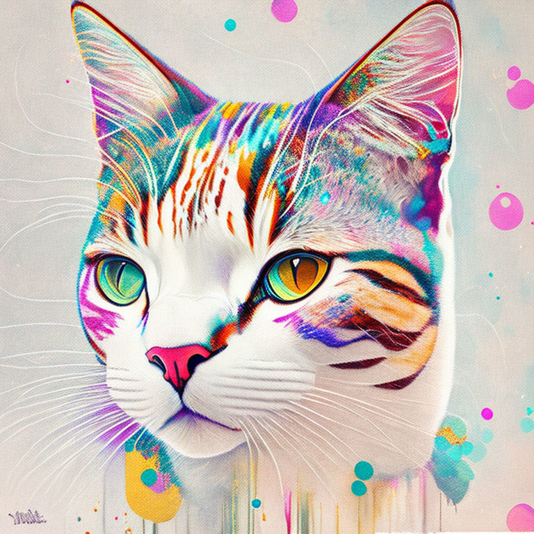 Vibrant Cat Face Artwork with Colorful Stripes and Abstract Background