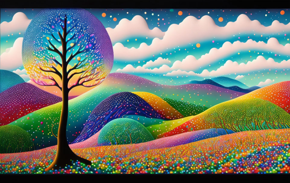 Colorful landscape with whimsical tree, rolling hills, and fluffy clouds