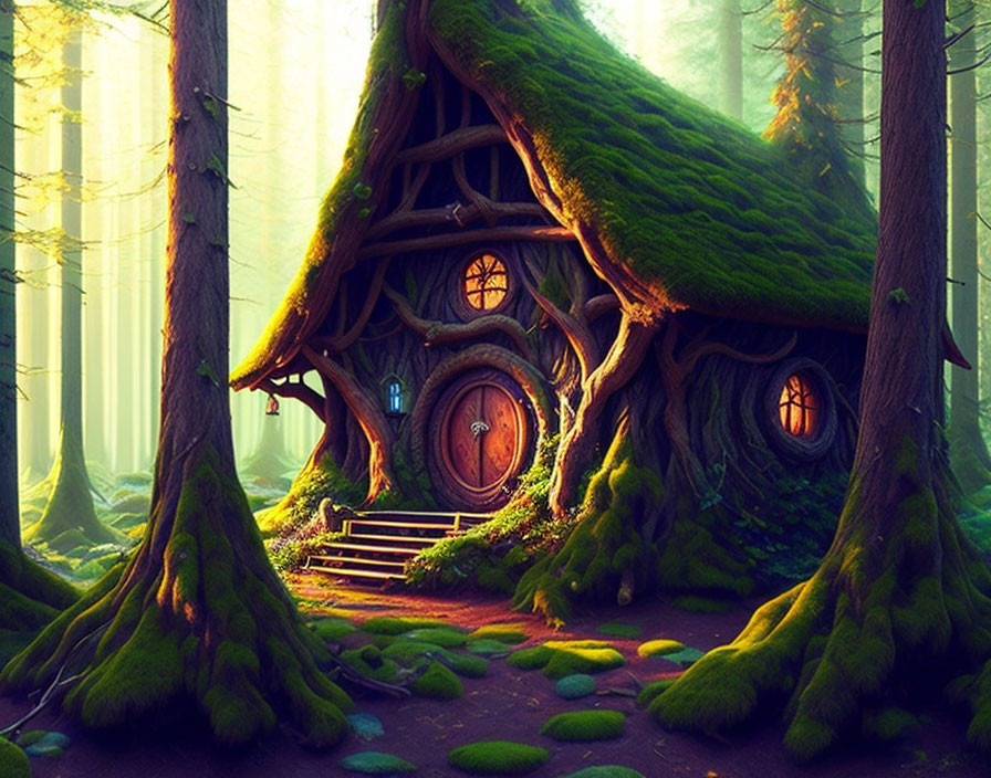 Whimsical treehouse with round door in sunlit forest