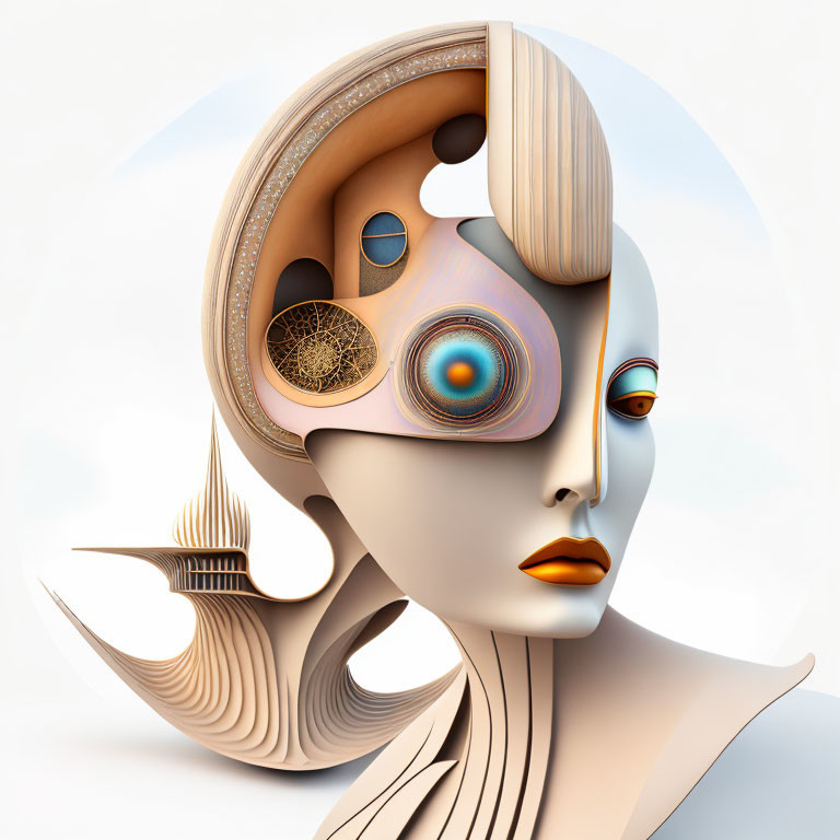 Surreal digital artwork: Female figure with anatomical cutaways and mechanical elements