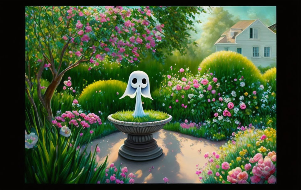 Colorful garden scene with cute ghost in bird bath