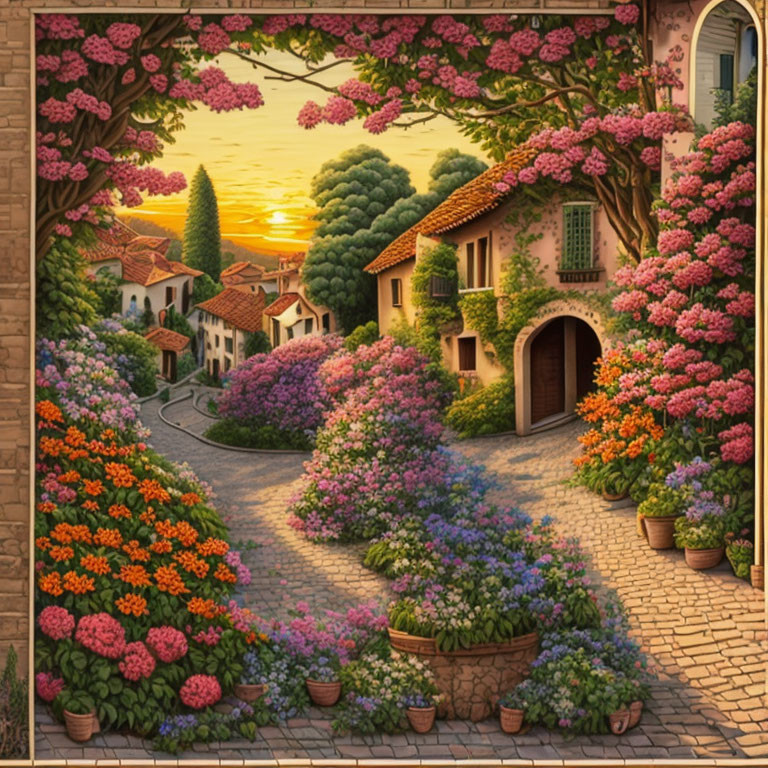 Quaint village with cobblestone streets, terracotta roofs, and vibrant sunset