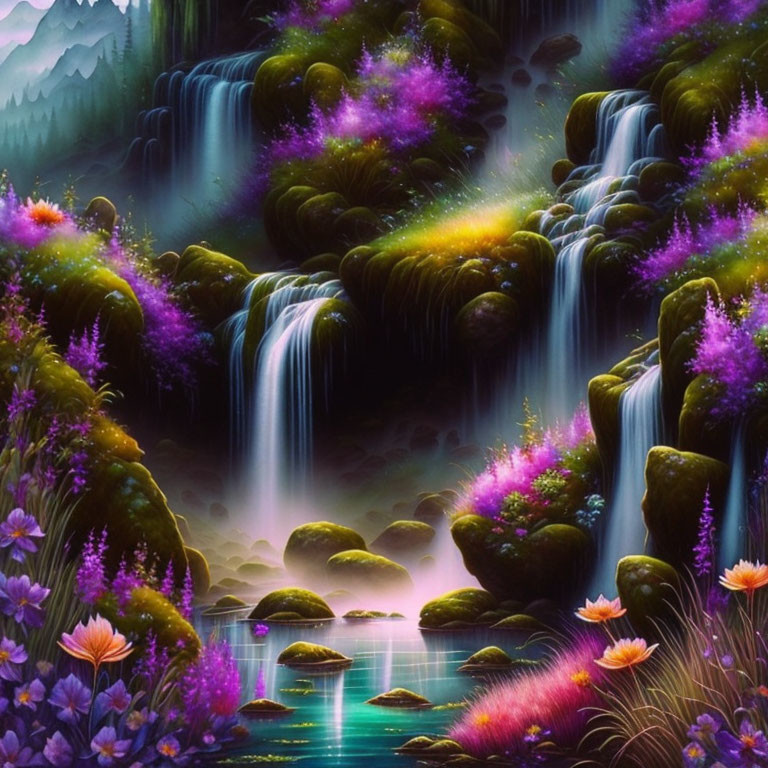 Fantasy landscape with waterfalls, purple foliage, and serene pond