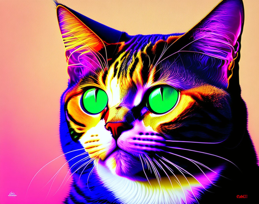 Colorful Digital Art: Stylized Cat with Green Eyes & Psychedelic Patterns