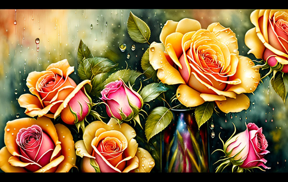 Colorful yellow and pink roses with droplets on glass pane art.