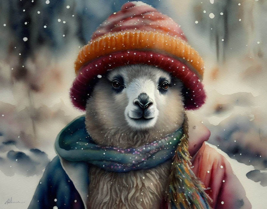 Colorful llama illustration in striped hat and scarf on snowy backdrop