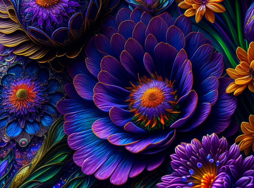 Close-up of Vibrant Purple, Blue, and Orange Flowers