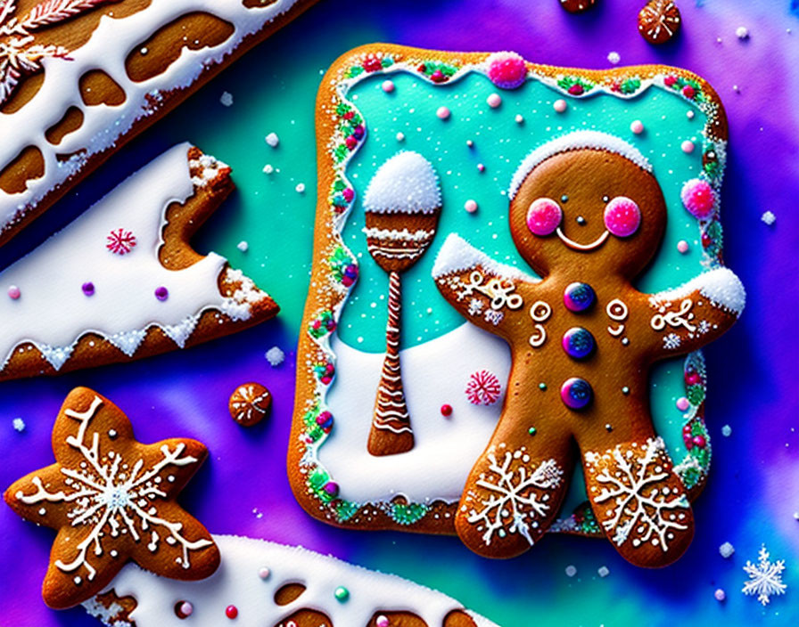 Vibrant Gingerbread Cookies with Icing and Candy on Purple Background