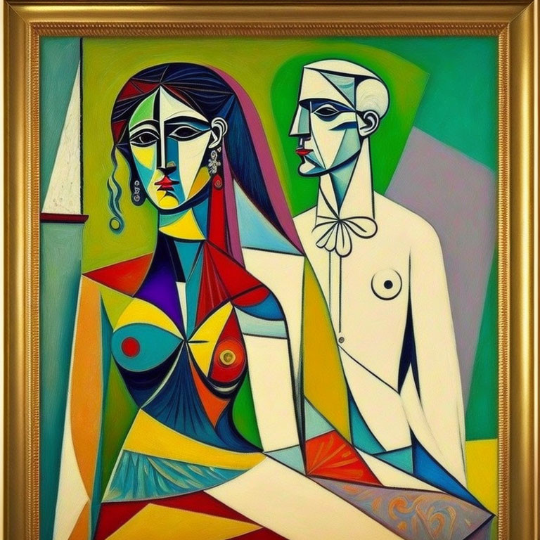 Cubist painting of seated woman and standing man in vibrant colors.