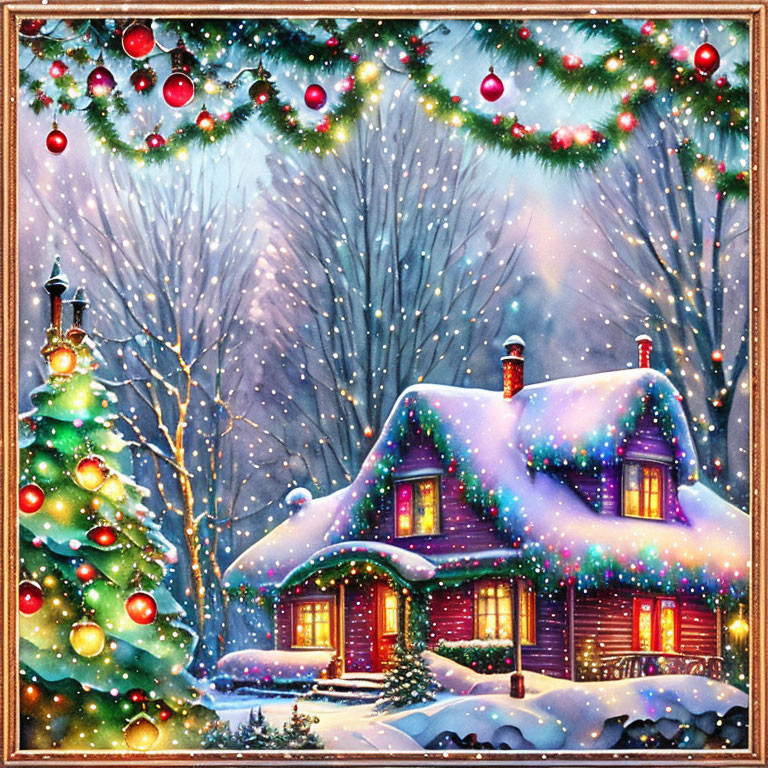 Snow-covered cabin with Christmas decorations in twilight