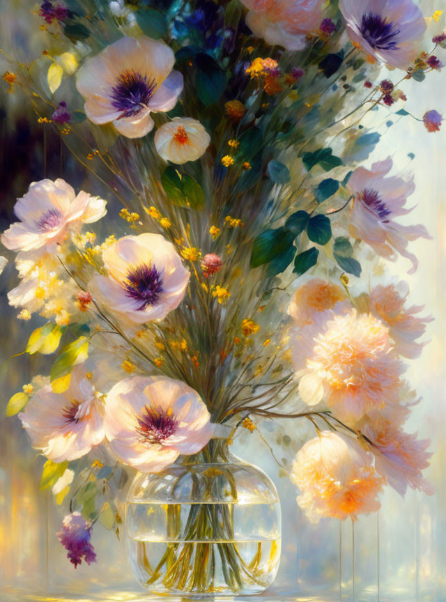 Pastel Flowers in Glass Vase with Translucent Stems