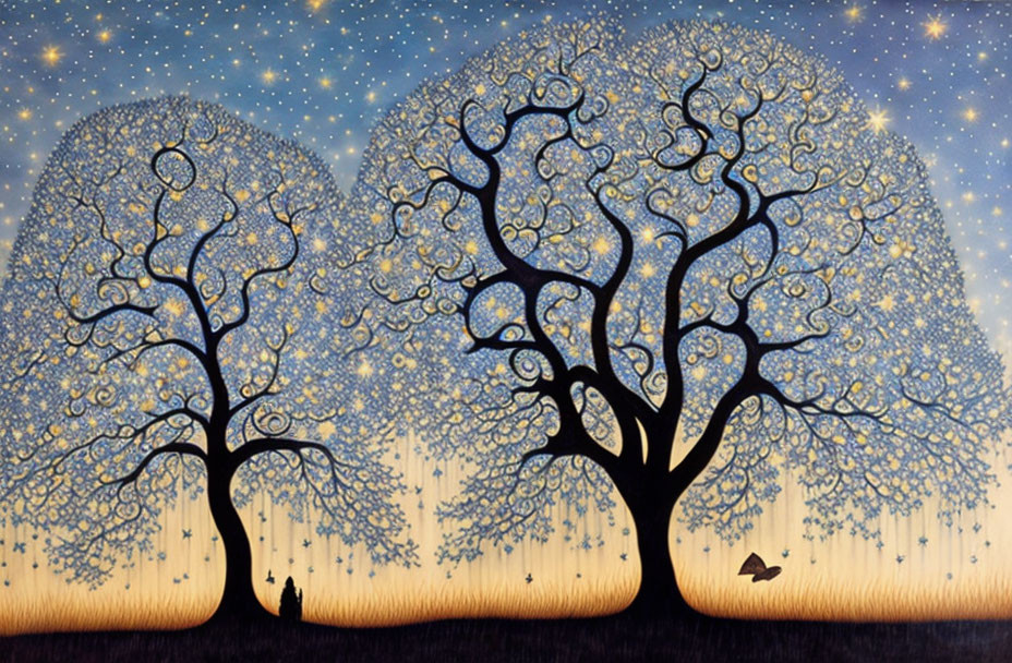 Whimsical blue foliage trees under starry sky with cat and bird silhouette