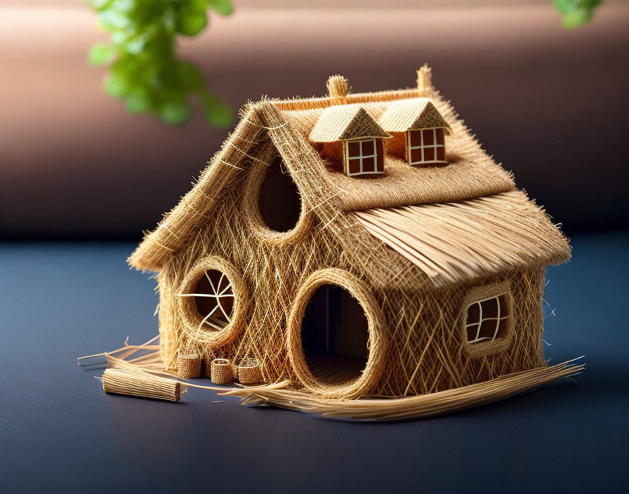 Miniature house with straw and wood details on dark surface