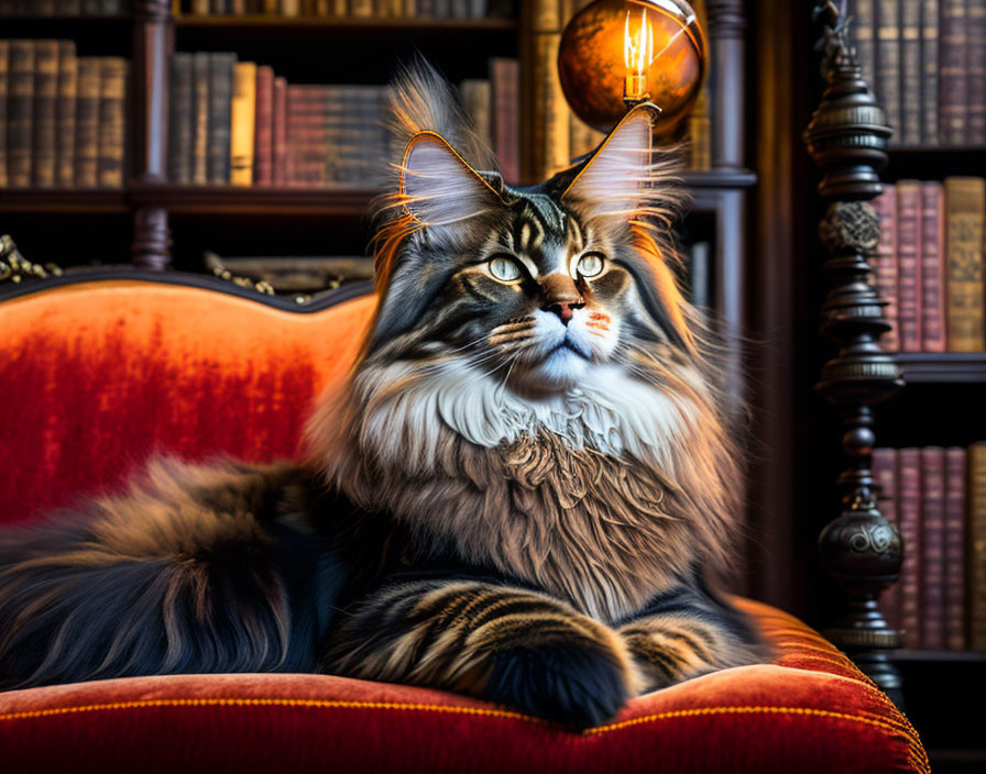 Long-Haired Cat with Striking Markings on Red Cushion by Dark Wood Bookshelves