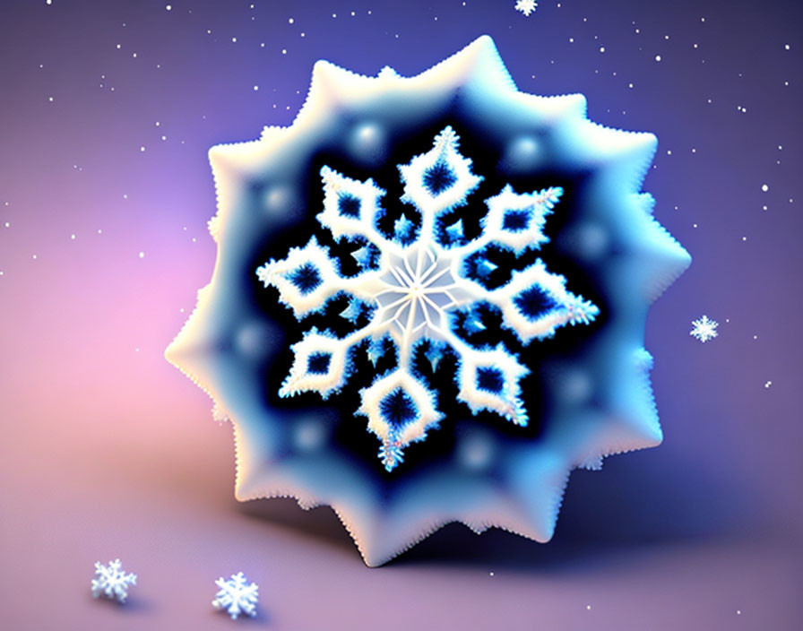 Detailed Blue and White Snowflake Digital Illustration on Purple Gradient Backdrop