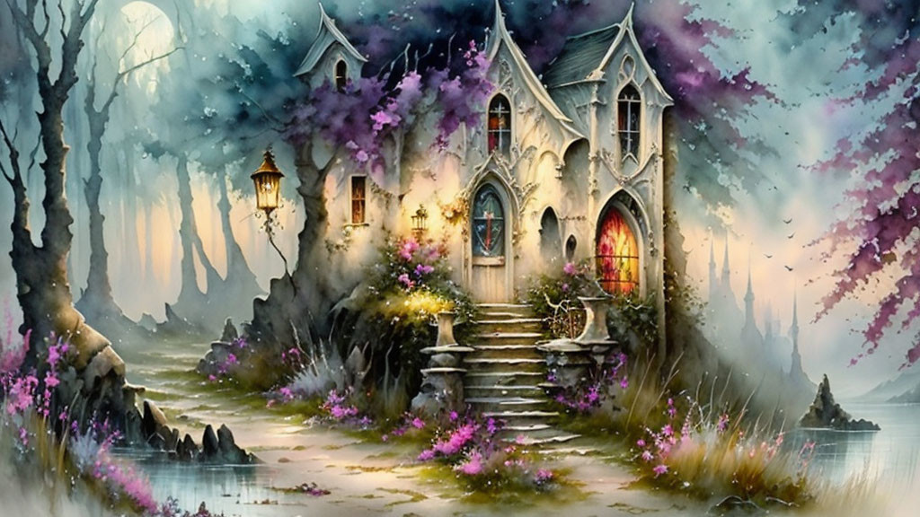 Mystical forest with whimsical cottage, vibrant flowers, mist, and ethereal lighting