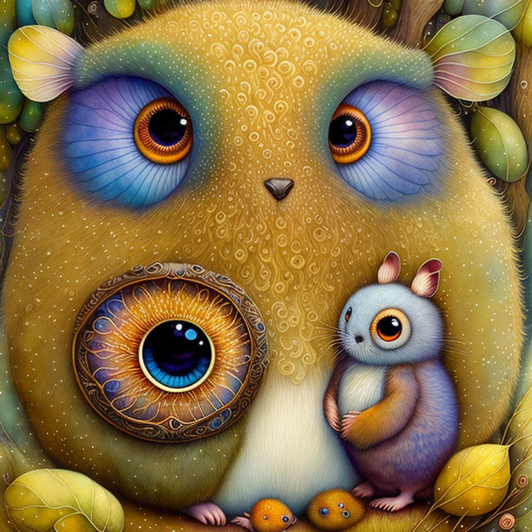 Colorful Owl-Like Creature with Cute Companion on Whimsical Background