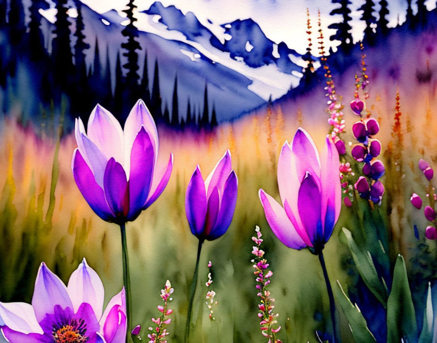 Purple flowers in field with mountains and sunset sky.