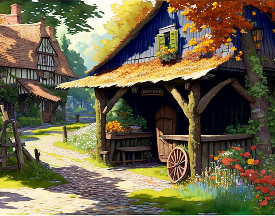 Thatched-roof cottage, cobblestone path, wooden cart, vibrant flowers in sunny village.