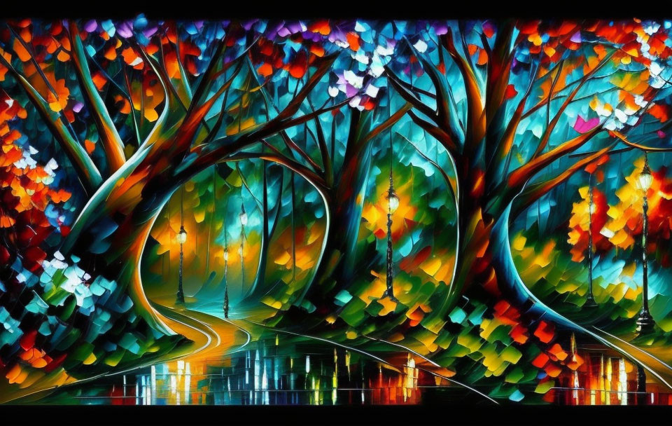 Colorful Whimsical Forest Scene with Reflective Pathway