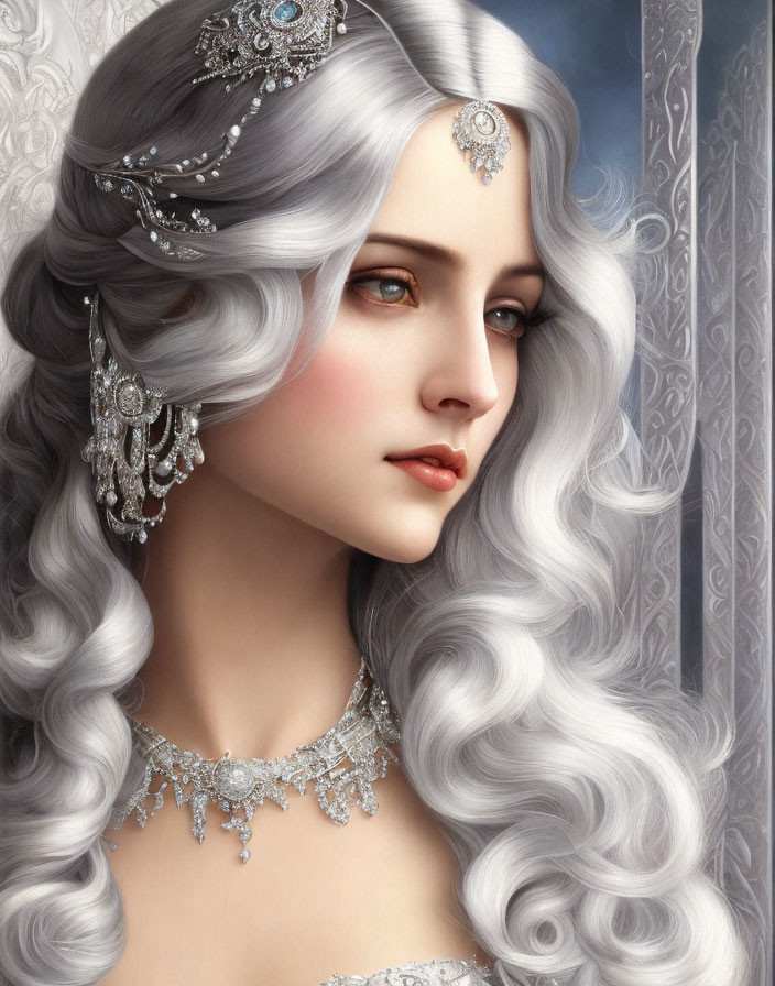 Illustration of woman with voluminous silver hair and gemstone jewelry