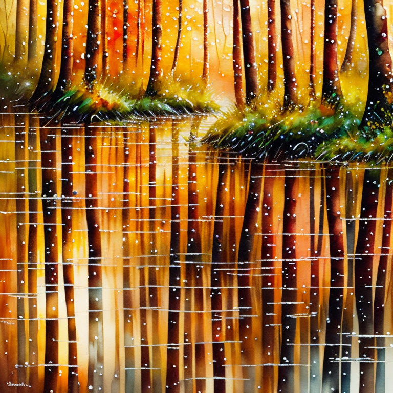 Colorful autumn forest watercolor painting with light filtering through and rain reflections