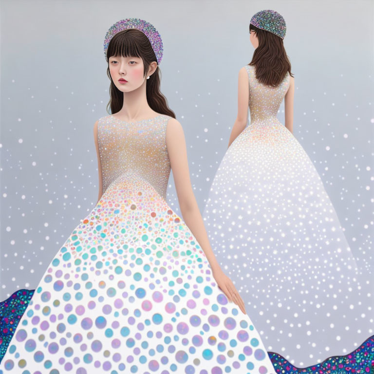 Sparkling polka-dotted dress and translucent headpiece in digital artwork