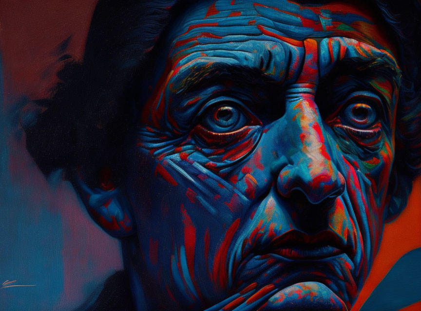 Expressive portrait of a man with blue and red brushstrokes