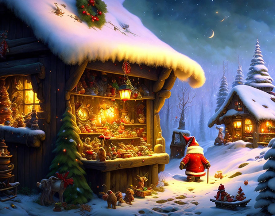 Snowy Cabin Winter Scene with Santa Claus and Night Sky