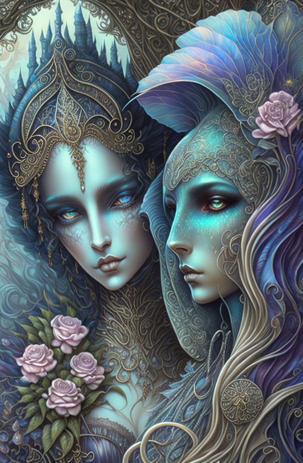 Fantasy artwork: Ethereal beings with ornate headdresses, tattoos, roses, mystical castle.