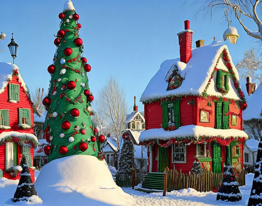 Festive winter scene with Christmas tree and snow-covered house