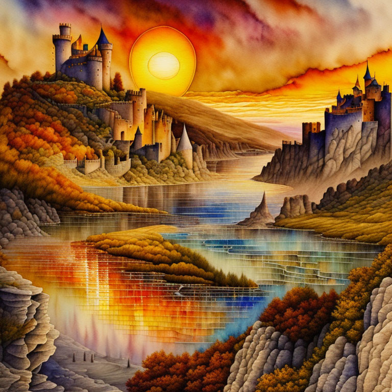 Fantasy landscape with two castles on cliffs, river, and sunset sky