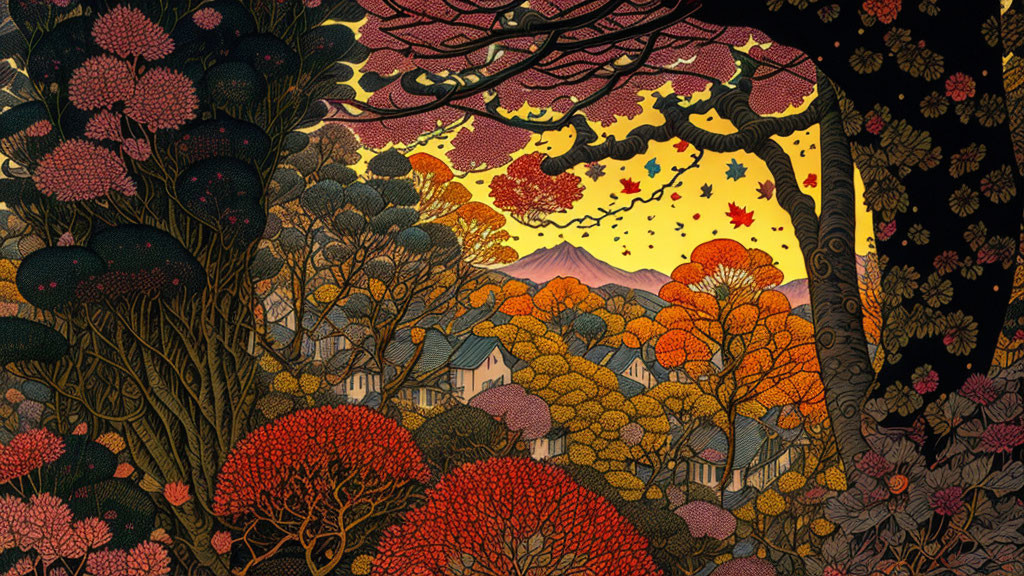 Vibrant autumn forest scene with traditional houses and distant mountain at twilight