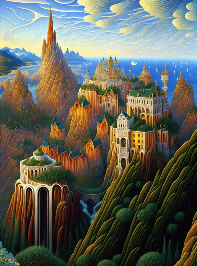 Fantastical landscape with ornate buildings on rugged cliffs