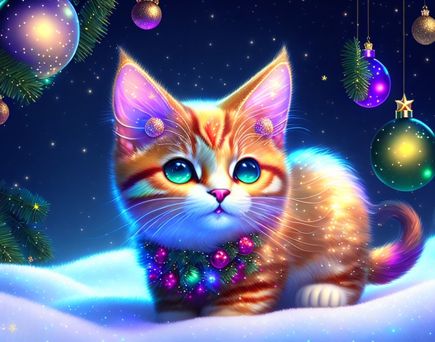 Illustrated orange kitten with festive beads in snowy Christmas scene