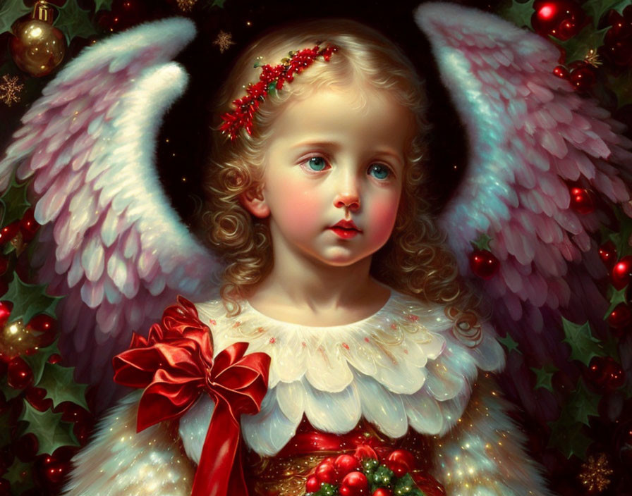 Young angel with white wings in festive Christmas scene