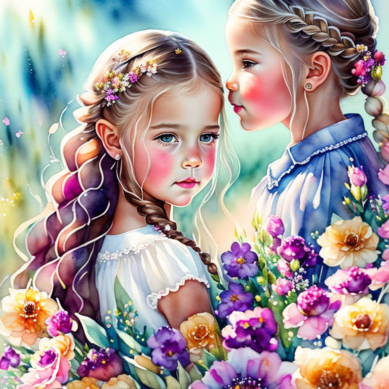 Illustrated girls with braided hair and floral adornments among colorful flowers whispering.