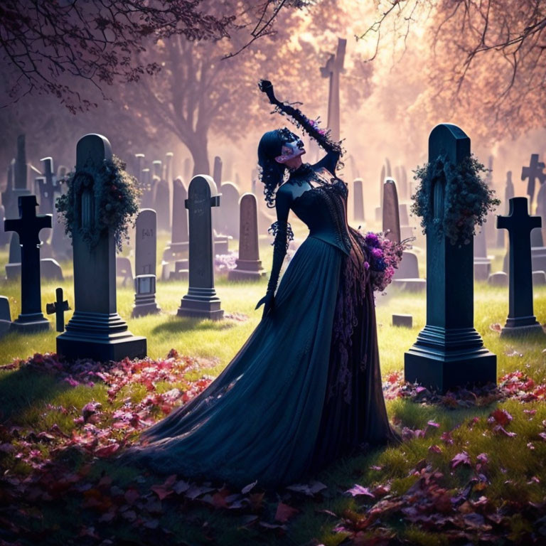 Person in elegant dark gown with flowers in autumn cemetery at dusk