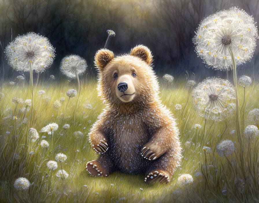 Fluffy bear surrounded by dandelion flowers in sunny meadow