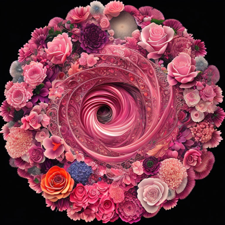 Colorful digital artwork: Pink swirl with multicolored flowers