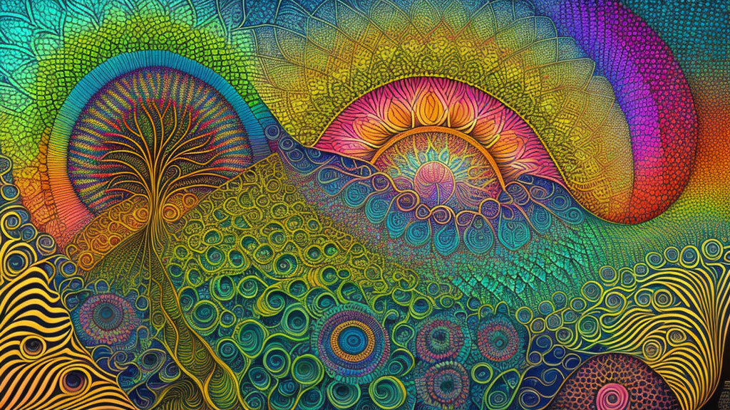 Colorful Psychedelic Artwork with Swirling Eye Patterns