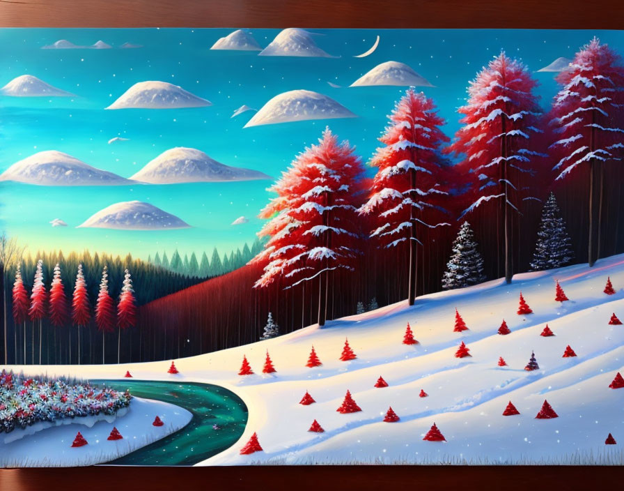 Snowy hills, red trees, twilight sky: Winter landscape with moons and snow-capped landmass