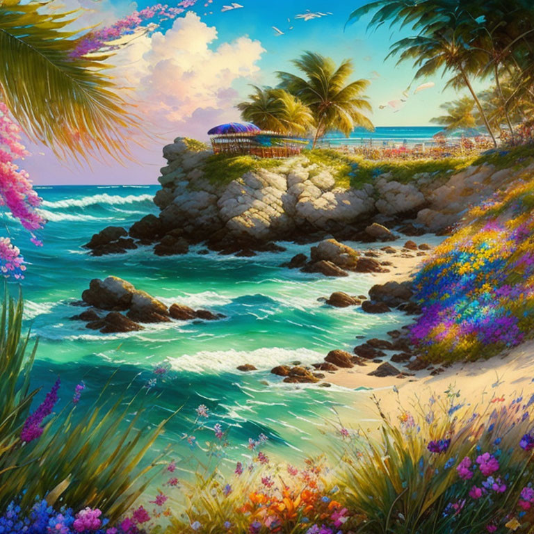 Tropical beach scene with flowers, rocks, palm trees, and turquoise waters