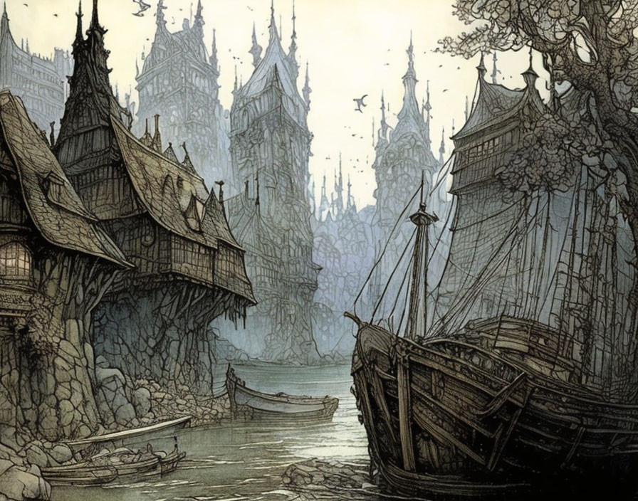 Detailed Medieval Fantasy City Illustration with Spired Towers, Dock, Boats, and Twilight Sky