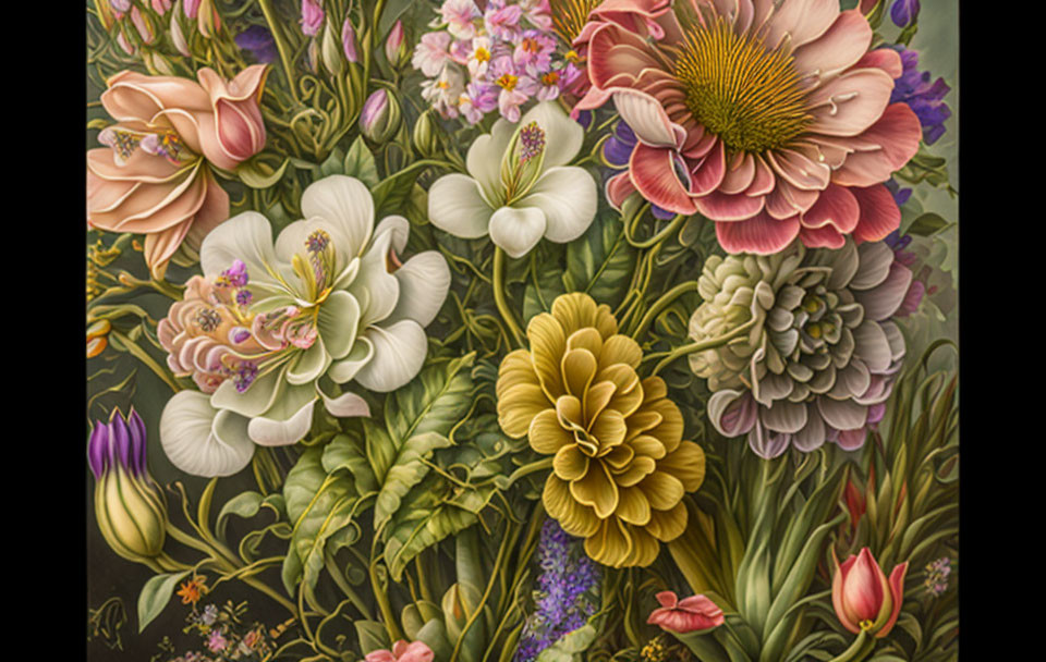 Colorful Garden Illustration with Pink, White, and Yellow Flowers