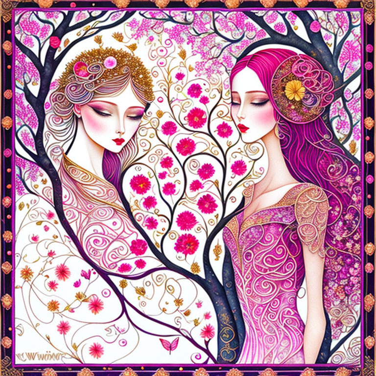 Stylized women with purple hair in floral-themed colorful art