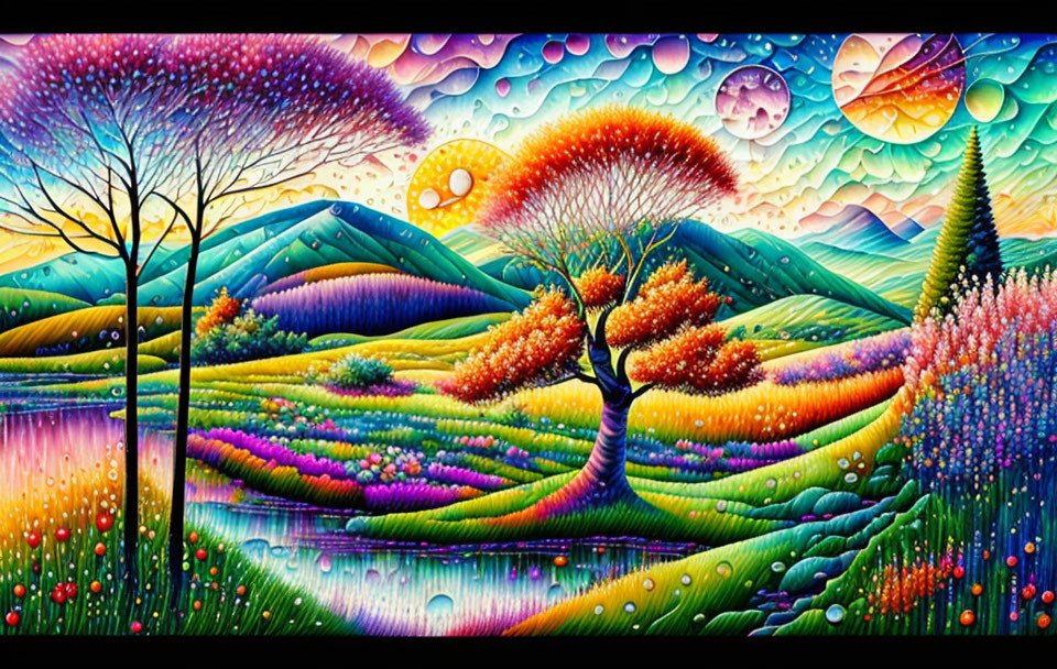 Colorful landscape painting with vibrant trees and whimsical sky